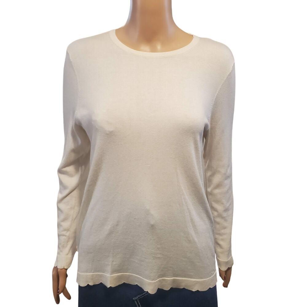 J. McLaughlin Size M Cream Henri Scalloped Hem Cotton Cashmere Sweater